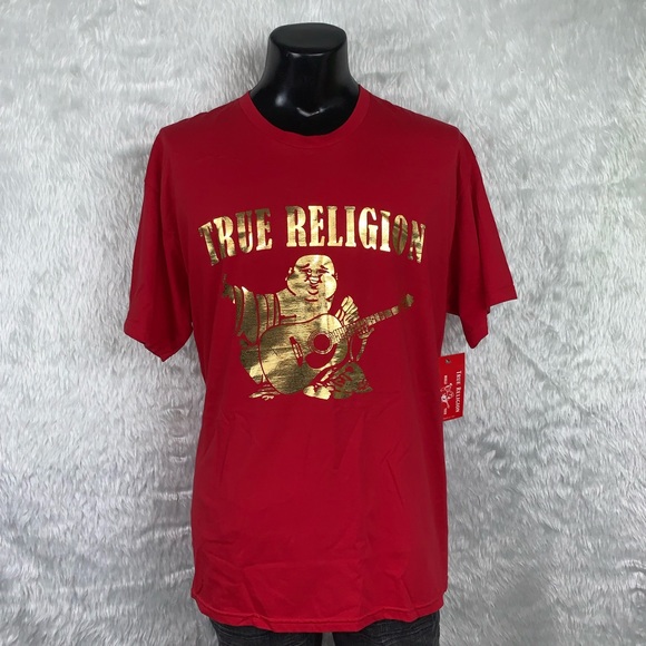 red and gold true religion shirt